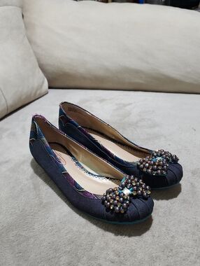 Poetic License Navy Ballet Flats with Iridescent Beaded Bow